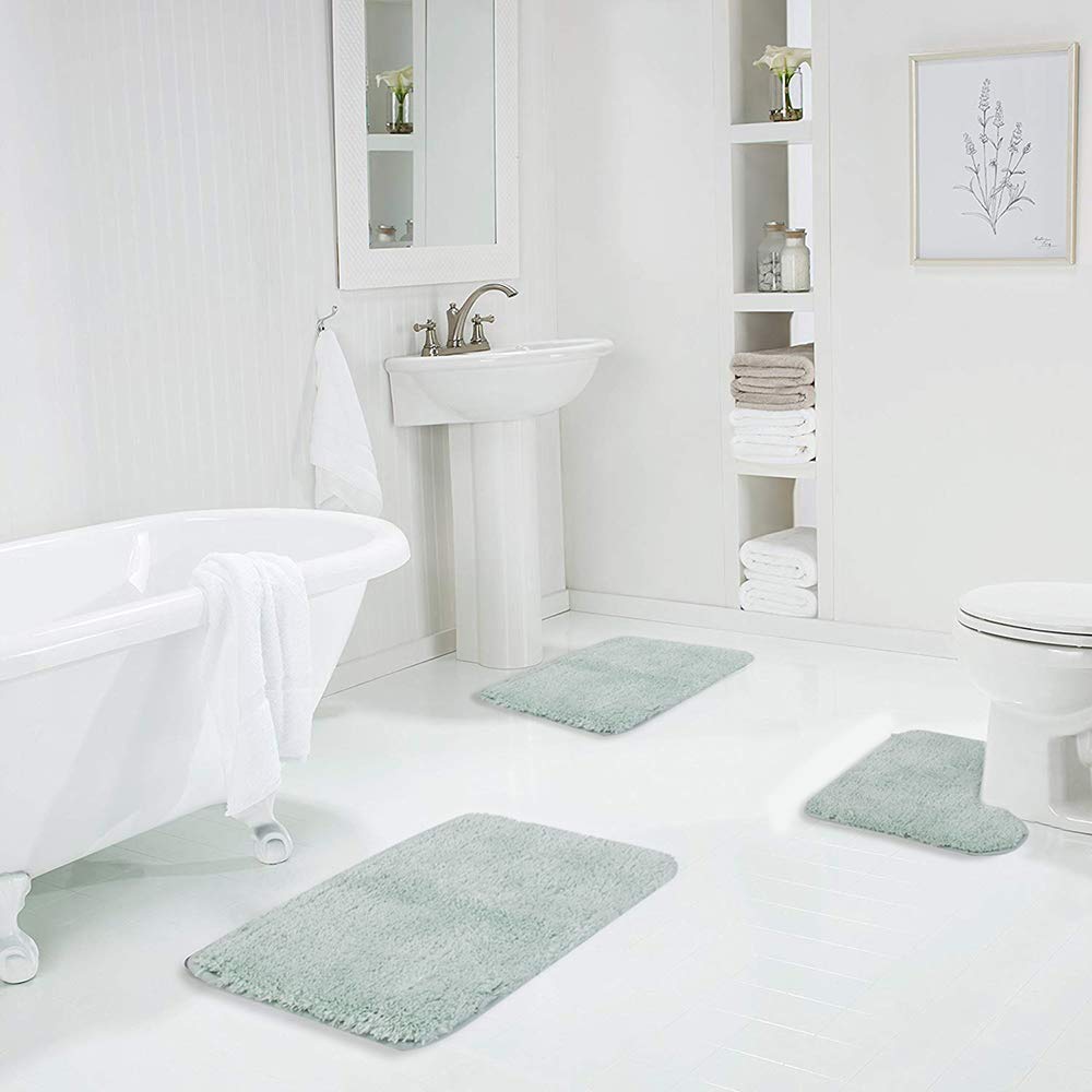 Walensee Shaggy 2 Piece Bath Rug Sets (Aqua) 20 X 24 U Shape Contour Rug & 20 X 32 Bathroom Rug Machine Wash/Dry Bath Mats For B